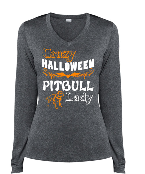 Crazy Halloween Pit Bull Lady T Shirt, I Love My Dogs T Shirt, Cool Shirt (Ladies LS Heather V-Neck)