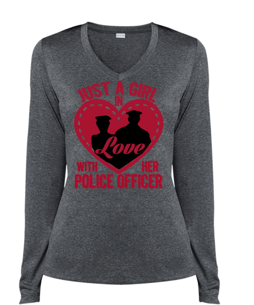 Just A Girl In Love With Her Police Officer T Shirt, Being A Police T Shirt, Cool Shirt (Ladies LS Heather V-Neck)