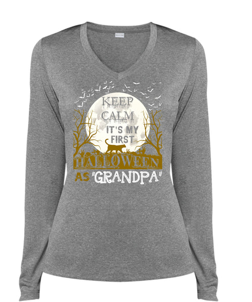 Keep Calm It's My First Halloween As Grandpa T Shirt, I Love You Pumpkin T Shirt, Cool Shirt (Ladies LS Heather V-Neck)