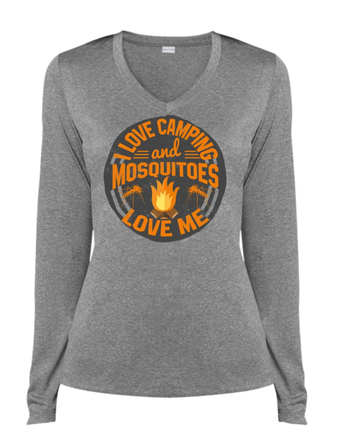I Love Camping And Mosquitoes Love Me T Shirt, Being A Camper T Shirt, Cool Shirt (Ladies LS Heather V-Neck)