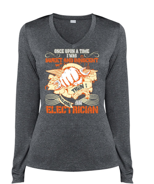 I Became An Electrician T Shirt, I Was Sweet And Innocent T Shirt, Cool Shirt (Ladies LS Heather V-Neck)