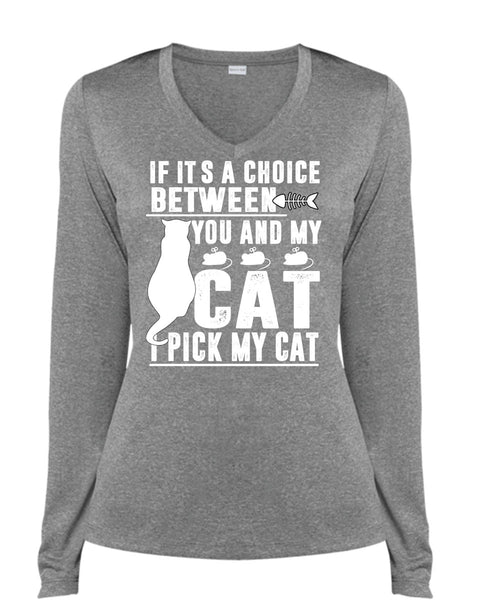 Between You And My Cat T Shirt, I Love My Cat T Shirt, Cool Shirt (Ladies LS Heather V-Neck)