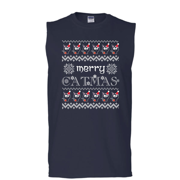Merry Catmas T Shirt, Coolest Cat Lover T Shirt, Cool T Shirt (Men's Cotton Sleeveless)