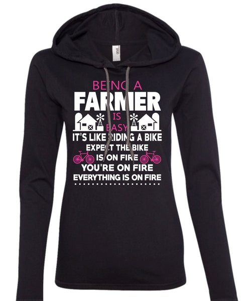 Being A Farmer Is Easy T Shirt, It's Like Riding A Bike T Shirt (Anvil Ladies Ringspun Hooded)