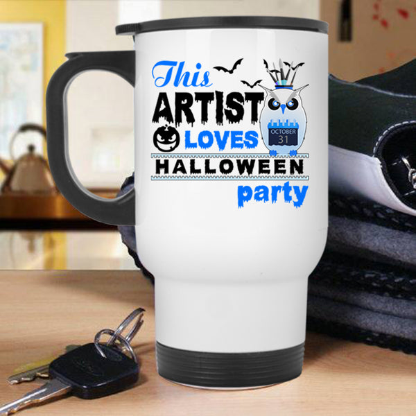 Cool Owl Travel Mug, This Artist Loves Halloween Party Mug