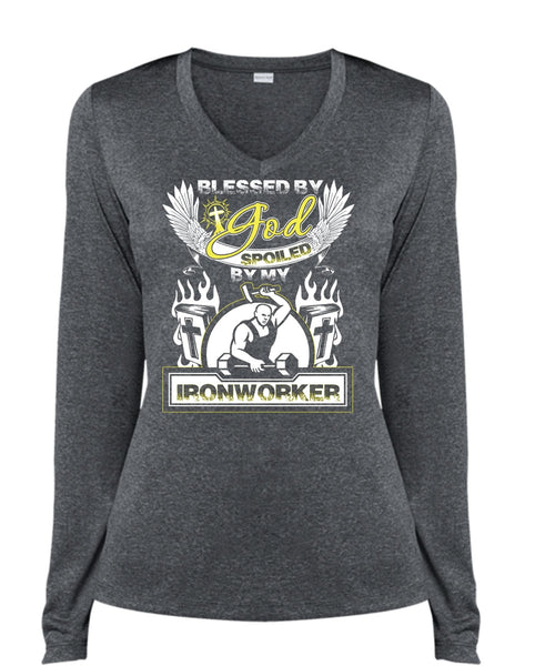 God Spoiled By My Ironworker T Shirt, Being An Ironworker T Shirt, Cool Shirt (Ladies LS Heather V-Neck)