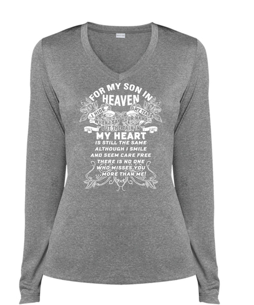 For My Son In Heaven T Shirt, The Pain In My Heart T Shirt, Cool Shirt (Ladies LS Heather V-Neck)
