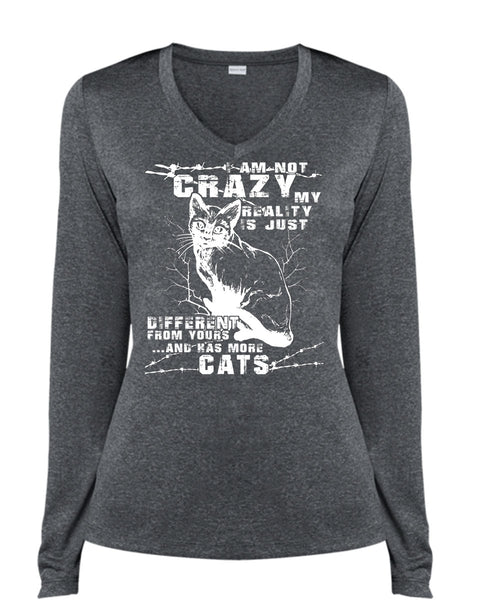 I Am Not Crazy T Shirt, Has More Cats T Shirt, Cool Shirt (Ladies LS Heather V-Neck)