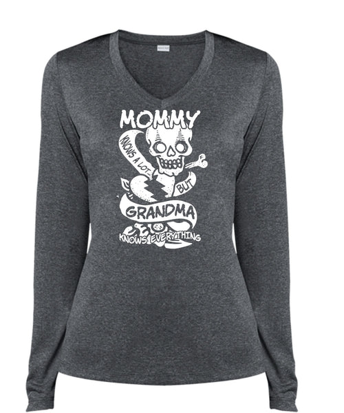 Mommy Knows A Lot But Grandma T Shirt, Being A Mom T Shirt, Cool Shirt (Ladies LS Heather V-Neck)