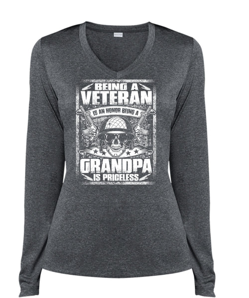 Being A Veteran T Shirt, Grandpa Is Priceless T Shirt, Cool Shirt (Ladies LS Heather V-Neck)