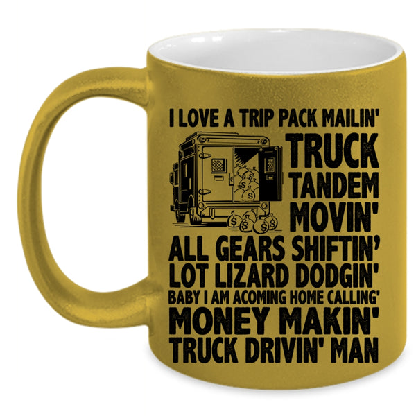 Truck Driving Man Coffee Mug, I Love A Trip Pack Mailing Truck Tandem Accent Mug