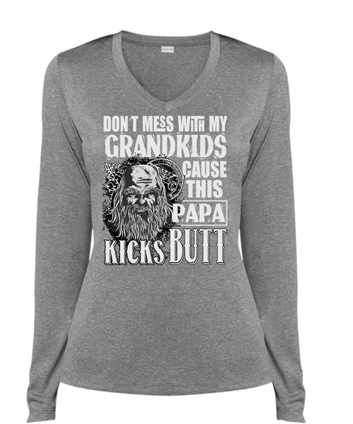 Don't Mess With My Grandkids T Shirt, This Papa Kicks Built T Shirt, Cool Shirt (Ladies LS Heather V-Neck)