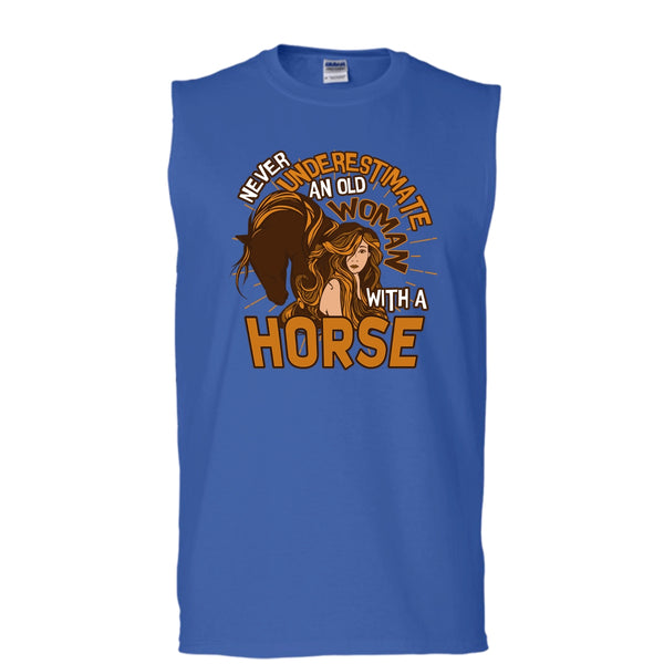 Never Underestimate T Shirt, Old Woman With A Horse Tank Top (Men's Cotton Sleeveless)
