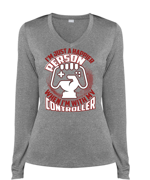 I'm Just A Happier Person T Shirt, Being A Gamer T Shirt, Cool Shirt (Ladies LS Heather V-Neck)