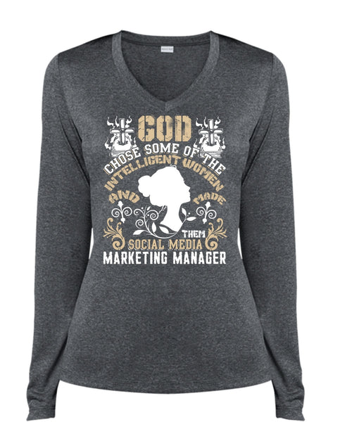 Social Media Marketing Manager T Shirt, Intelligent Women T Shirt, Cool Shirt (Ladies LS Heather V-Neck)