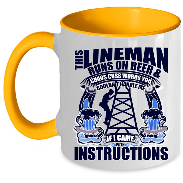 Awesome Linemans Coffee Mug, This Lineman Runs On Beer Accent Mug