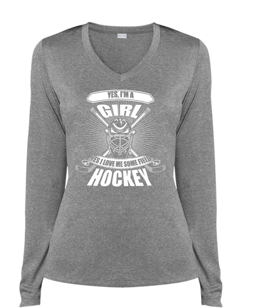I'm A Girl T Shirt, I Love Me Some Field Hockey T Shirt, Cool Shirt (Ladies LS Heather V-Neck)