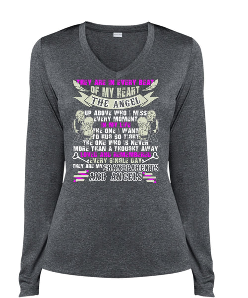 Grandparents And Angels T Shirt, Beat Of My Heart T Shirt, Cool Shirt (Ladies LS Heather V-Neck)