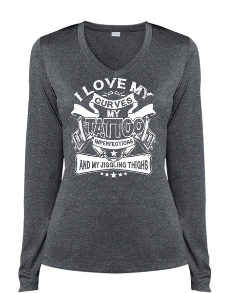 I Love My Curves My Tattoo T Shirt, My Favorite T Shirt, Cool Shirt (Ladies LS Heather V-Neck)
