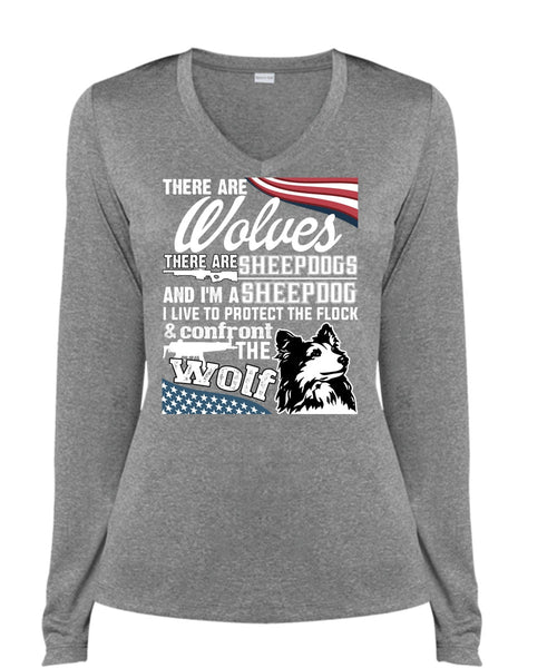 Confront The Wolf T Shirt, I'm A Sheepdog T Shirt, Cool Shirt (Ladies LS Heather V-Neck)