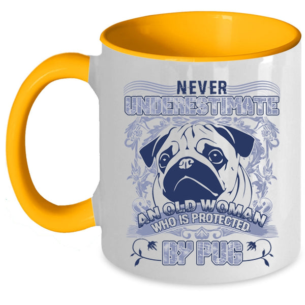 Cool Pug Owner Coffee Mug, An Old Woman Is Protected By Pug Accent Mug