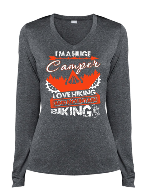 I'm A Huge Camper T Shirt, Mountain Biking T Shirt, Cool Shirt (Ladies LS Heather V-Neck)