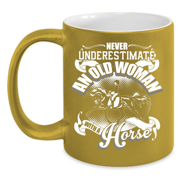 An Old Woman With A Horse Coffee Mug, Cool Old Equestrian Coffee Cup
