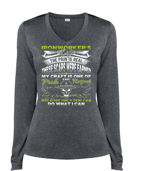 Ironworker's Life T Shirt, The Pain Is Real T Shirt, Cool Shirt (Ladies LS Heather V-Neck)