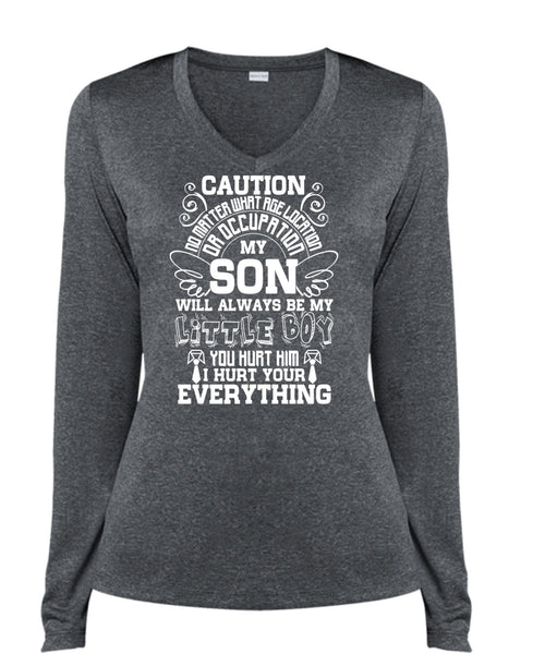 My Son Will Always Be My Little Boy T Shirt, Being A Son T Shirt, Cool Shirt (Ladies LS Heather V-Neck)