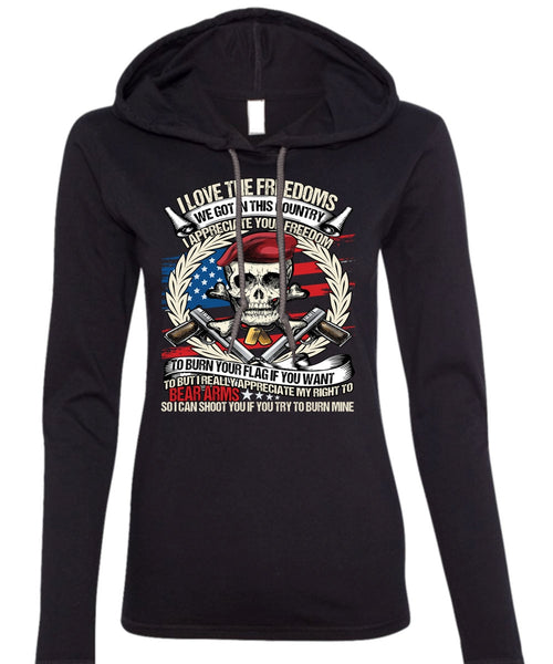 I Love The Freedoms T Shirt, Being A Veteran T Shirt (Anvil Ladies Ringspun Hooded)