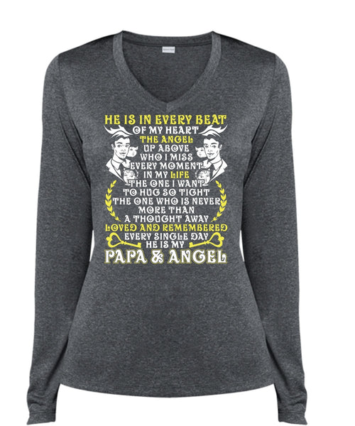 He Is In Every Beat Of My Heart T Shirt, Papa And Angel T Shirt, Cool Shirt (Ladies LS Heather V-Neck)