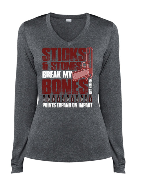 Sticks And Stones T Shirt, Being A Gunner T Shirt, Cool Shirt (Ladies LS Heather V-Neck)