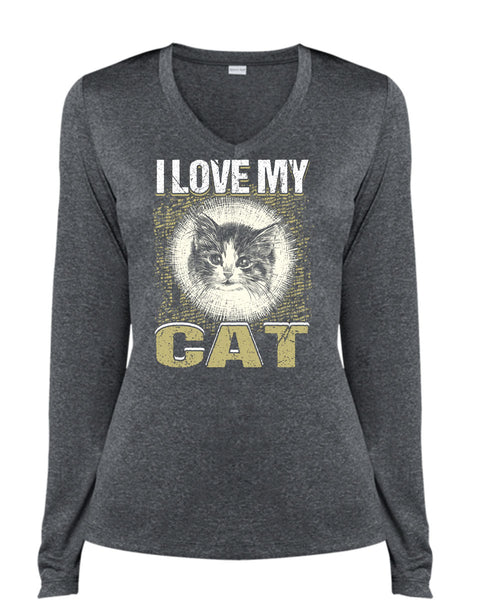 I Love My Cat T Shirt, My Pets T Shirt, Cool Shirt (Ladies LS Heather V-Neck)