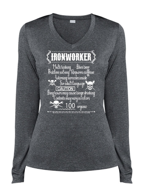 Ironworker Multitasking T Shirt, Likes Beer T Shirt, Cool Shirt (Ladies LS Heather V-Neck)