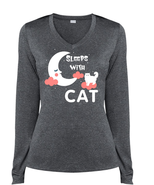 Sleeps With Cat T Shirt, My Pets T Shirt, I Love My Cat T Shirt (Ladies LS Heather V-Neck)