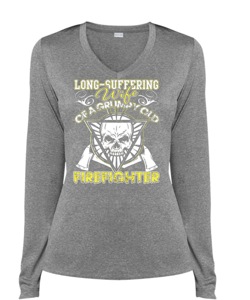 Long - Suffering Wife T Shirt, Grumpy Old Firefighter T Shirt, Cool Shirt (Ladies LS Heather V-Neck)