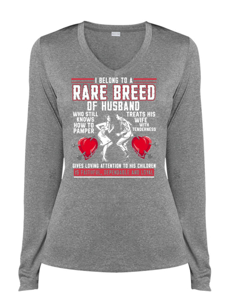 Rare Breed Of Husband T Shirt, Treats His Wife T Shirt, Cool Shirt (Ladies LS Heather V-Neck)