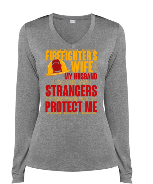 Firefighter's Wife T Shirt, My Husband Risks His Life T Shirt, Cool Shirt (Ladies LS Heather V-Neck)