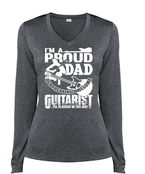 I'm A Proud Dad T Shirt, Awesome Guitarist T Shirt, Cool Shirt (Ladies LS Heather V-Neck)