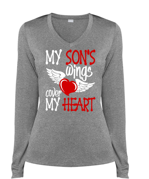 My Son's Wings Cover My Heart T Shirt, Being A Son T Shirt, Cool Shirt (Ladies LS Heather V-Neck)