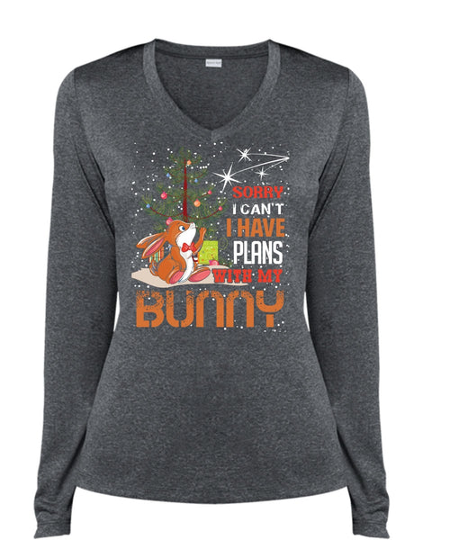 I Have Plans With My Bunny T Shirt, I Love Christmas T Shirt, Cool Shirt (Ladies LS Heather V-Neck)