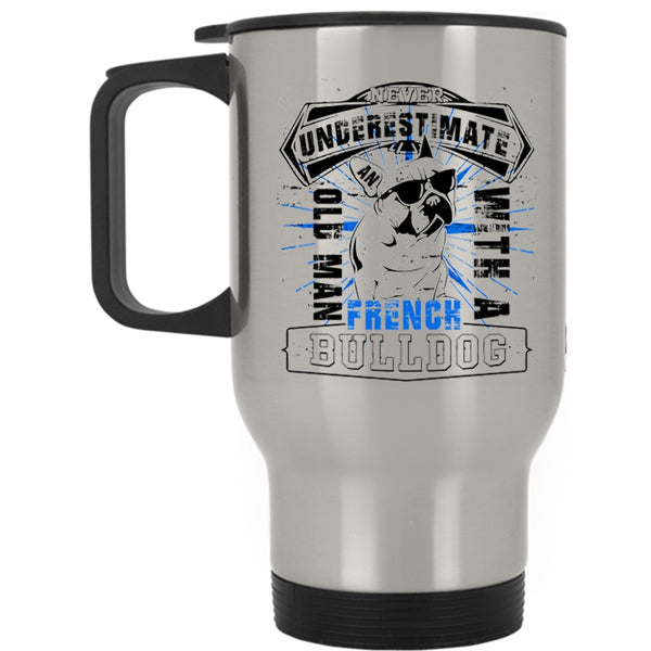 Cute Dogs Travel Mug, Old Man With A French Bull Dog Mug