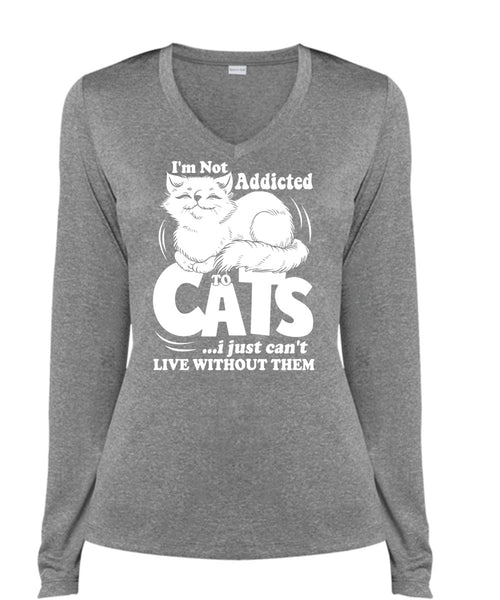 I'm Not Addicted To Cats T Shirt, My Favorite T Shirt, Cool Shirt (Ladies LS Heather V-Neck)