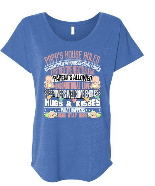 Papa's House Rules T Shirt, Hugs And Kisses T Shirt, Cool Shirt (Ladies' Triblend Dolman Sleeve)